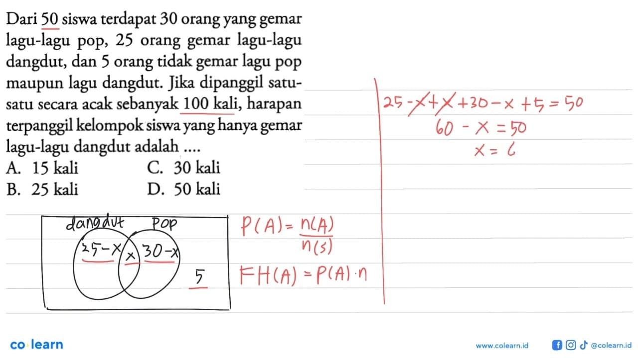 Dari 50 siswa terdapat 30 orang yang gemar lagu-lagu pop,