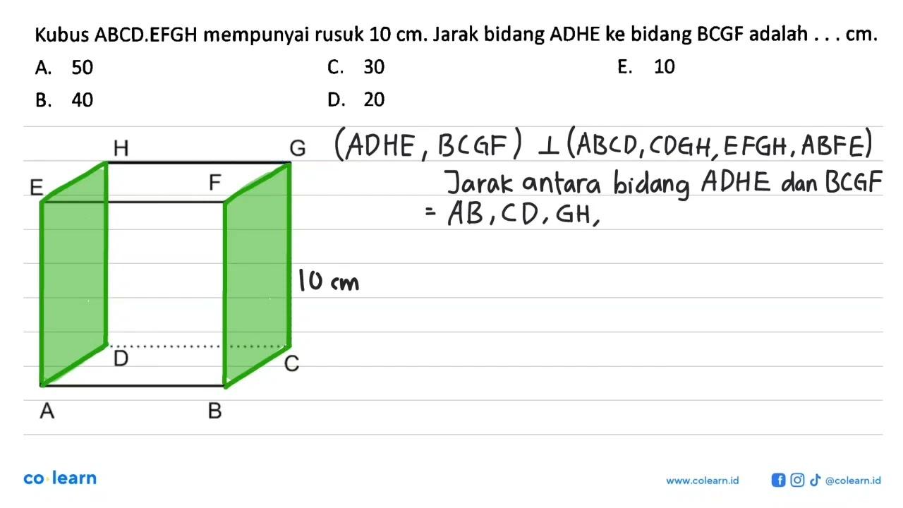 Kubus ABCD.EFGH mempunyai rusuk 10 cm. Jarak bidang ADHE ke