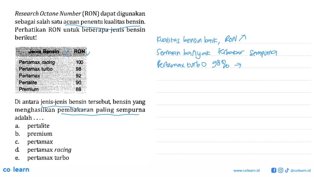 Research Octane Number (RON) dapat digunakan sebagai salah