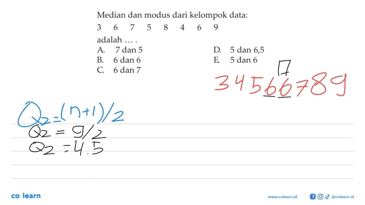 Median dan modus dari kelompok data: 3 6 7 5 8 4 6 9