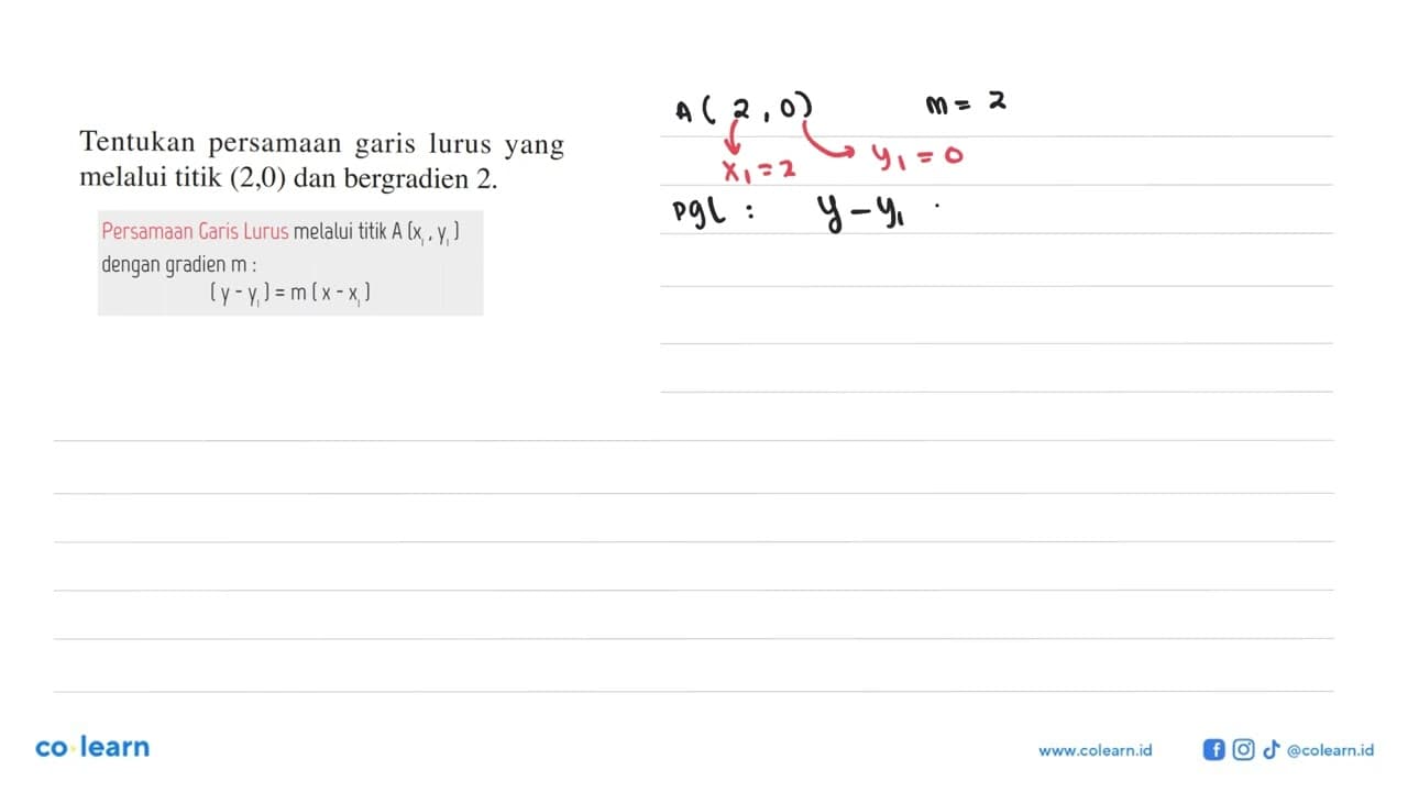 Tentukan persamaan garis lurus yang melalui titik (2,0) dan