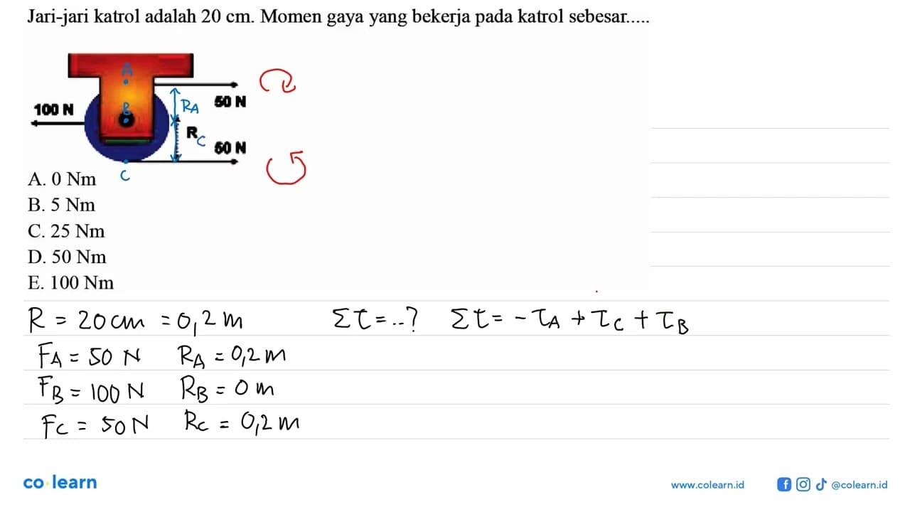 100 N R 50 N 50 N Jari-jari katrol adalah 20 cm. Momen gaya