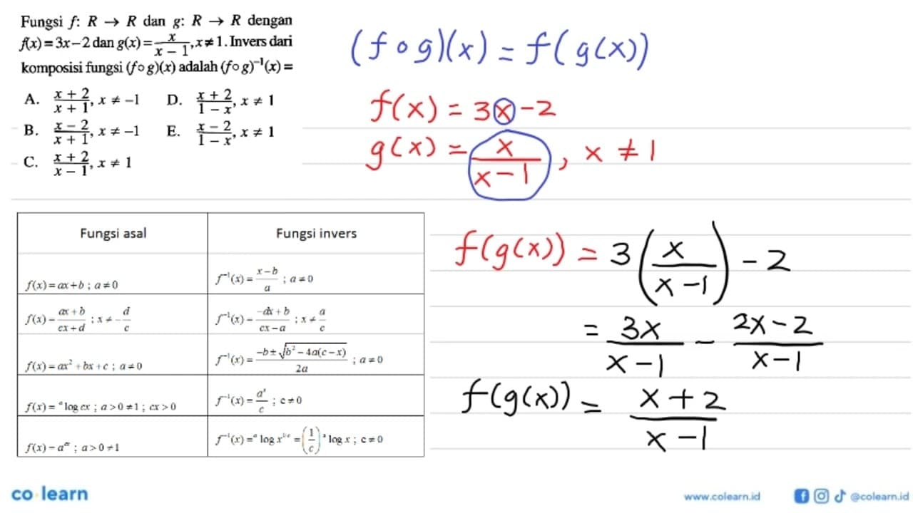 Fungsi f: R -> R dan g: R -> R dengan f(x)=3 x-2 dan