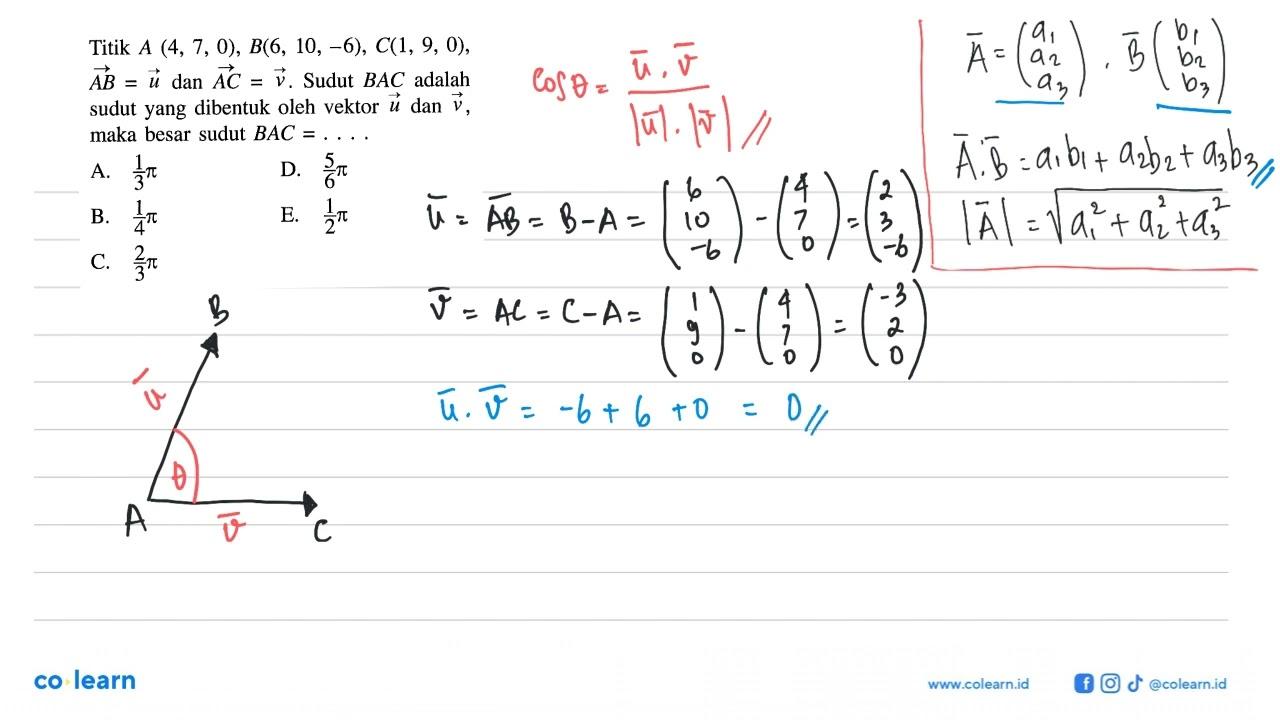 Titik A(4,7,0), B(6,10,-6), C(1,9,0), vektor AB=vektor u