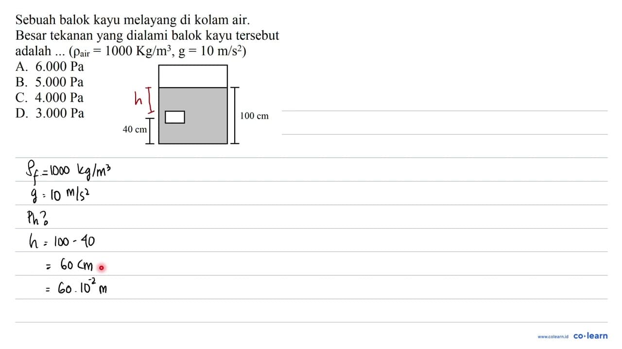 Sebuah balok kayu melayang di kolam air. Besar tekanan yang