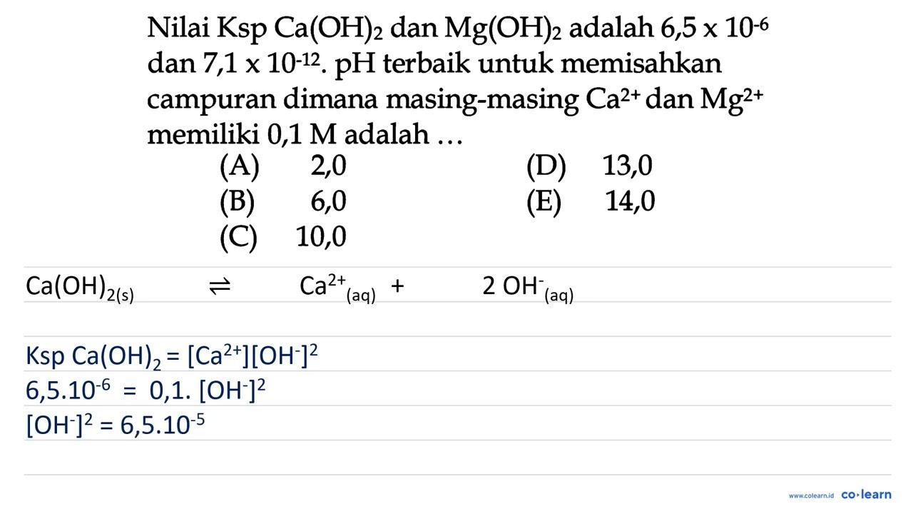 Nilai Ksp Ca(OH)_(2) dan Mg(OH)_(2) adalah 6,5 x 10^(-6)