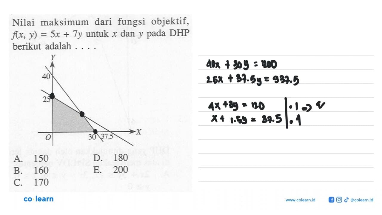 Nilai maksimum dari fungsi objektif, f(x,y)=5x+7y untuk x