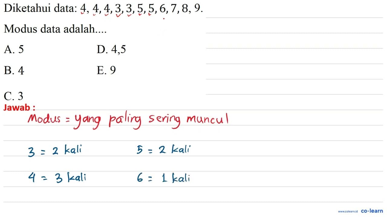 Diketahui data: 4,4,4,3,3,5,5,6,7,8,9 . Modus data