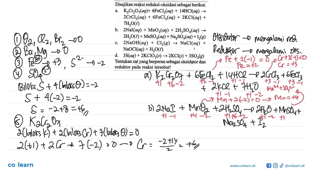 Disajikan reaksi reduksi-oksidasi sebagai berikut. a.