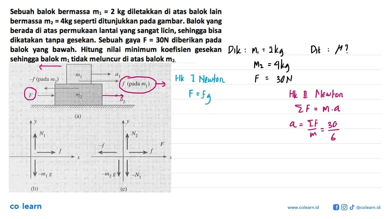 Sebuah balok bermassa m1=2 kg diletakkan di atas balok lain