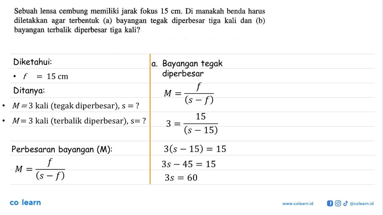 Sebuah lensa cembung memiliki jarak fokus 15 cm. Di manakah