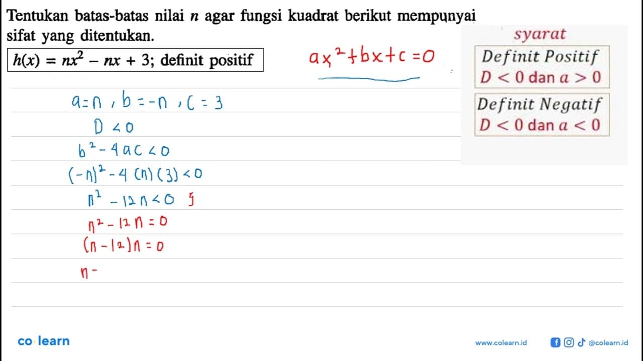 Tentukan batas-batas nilai n agar fungsi kuadrat berikut