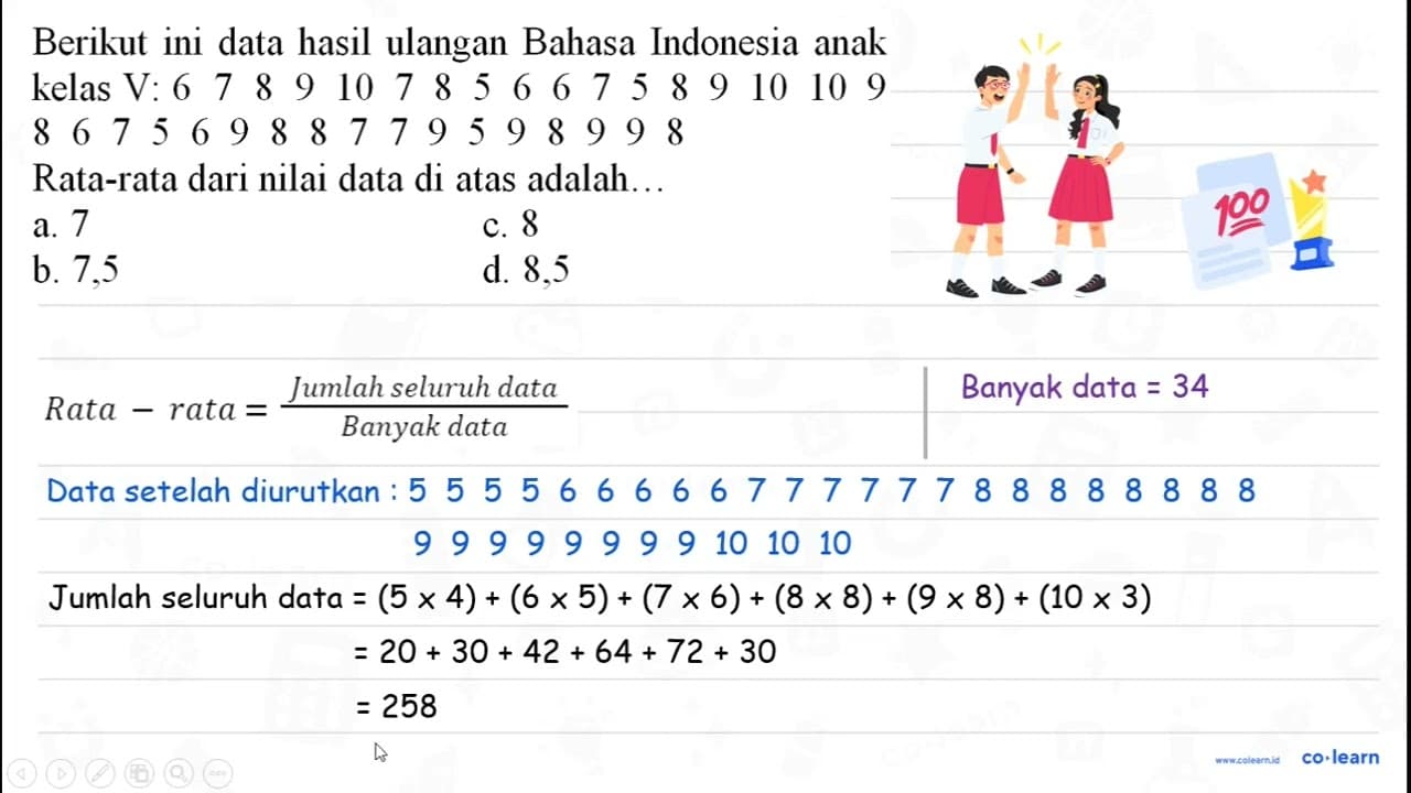 Berikut ini data hasil ulangan Bahasa Indonesia anak kelas