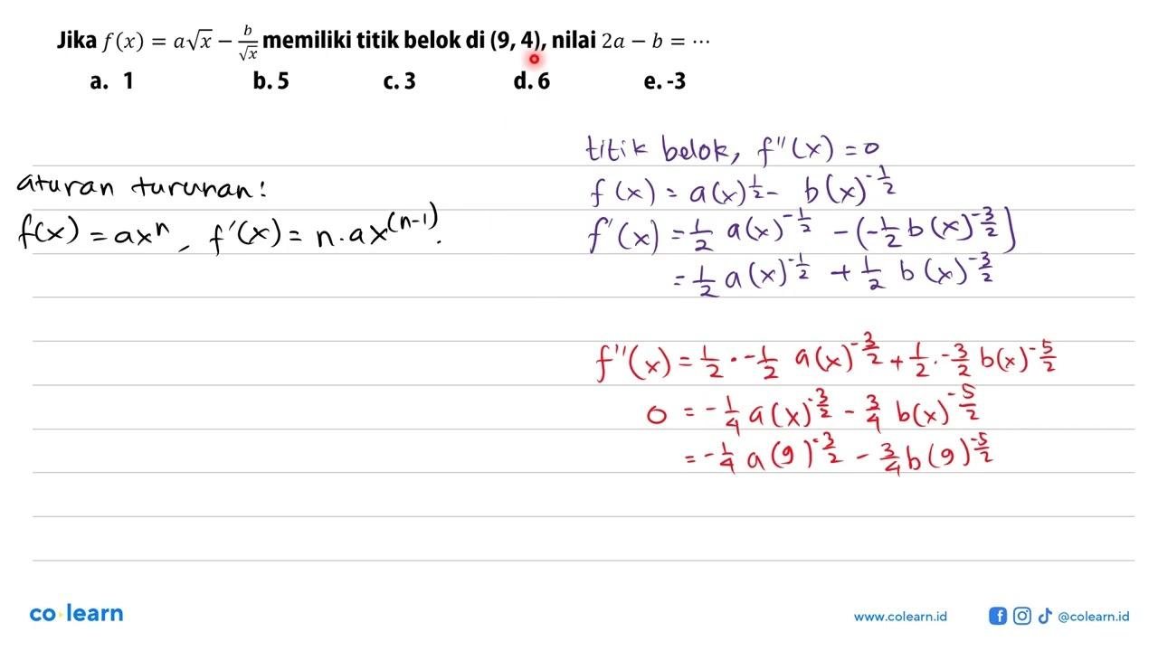 Jika f(x)=a akar(x)-b/akar(x) memiliki titik belok di