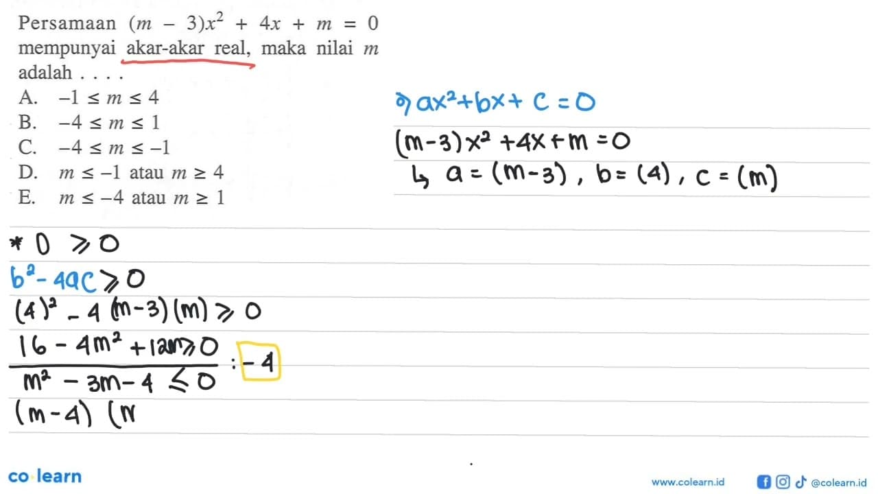 Persamaan (m - 3)x^2 + 4x + m = 0 mempunyai akar-akar real,