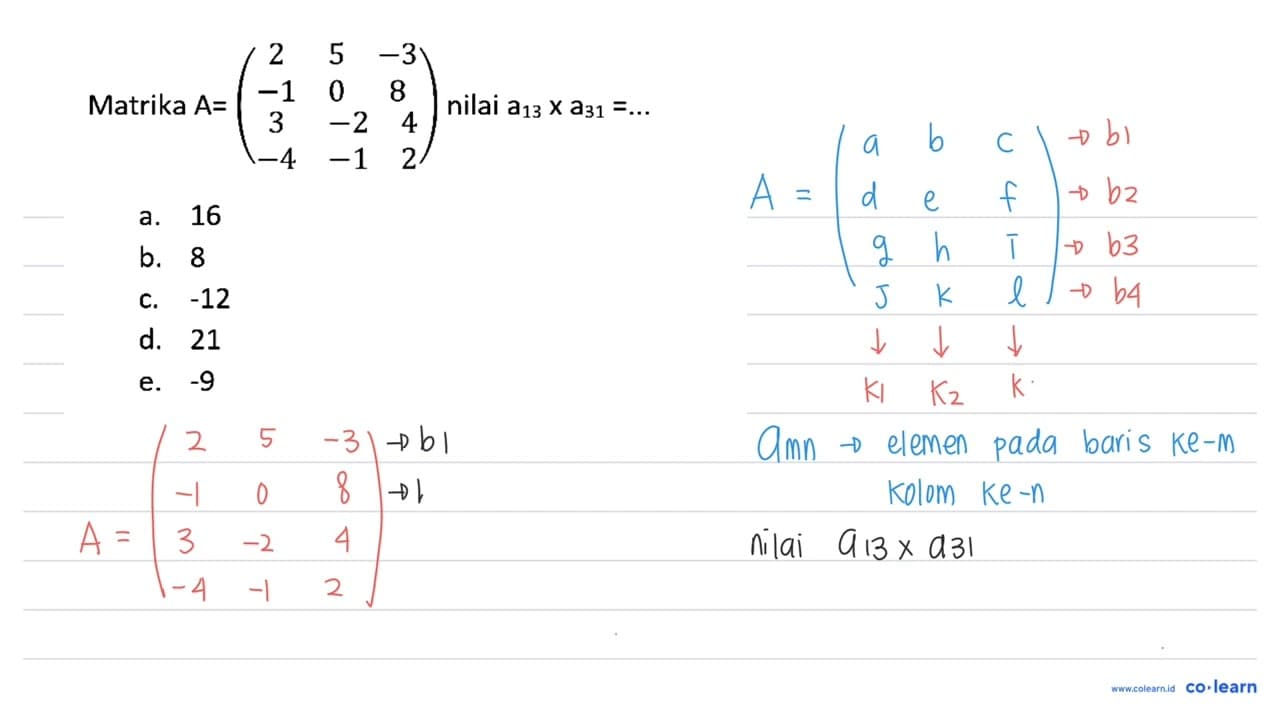 Matriks A = (2 5 -3 -1 0 8 3 -2 4 -4 -1 2) nilai a13 x a31