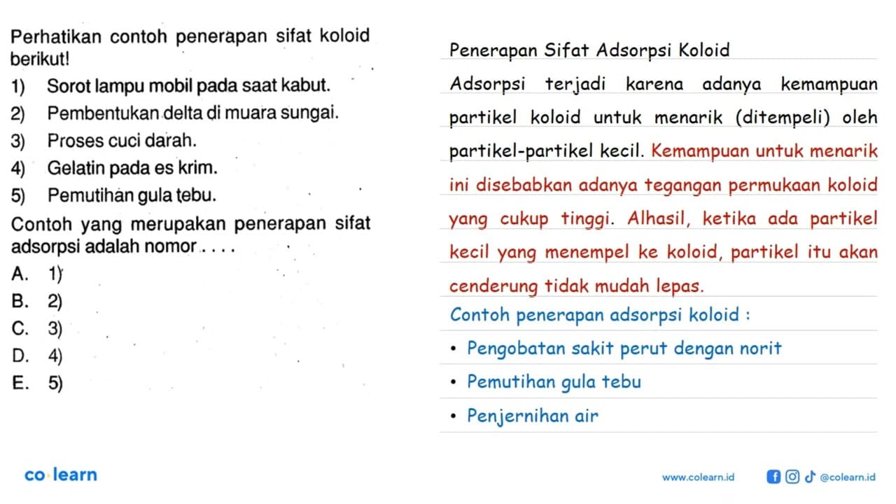 Perhatikan contoh penerapan sifat koloid berikut!1) Sorot