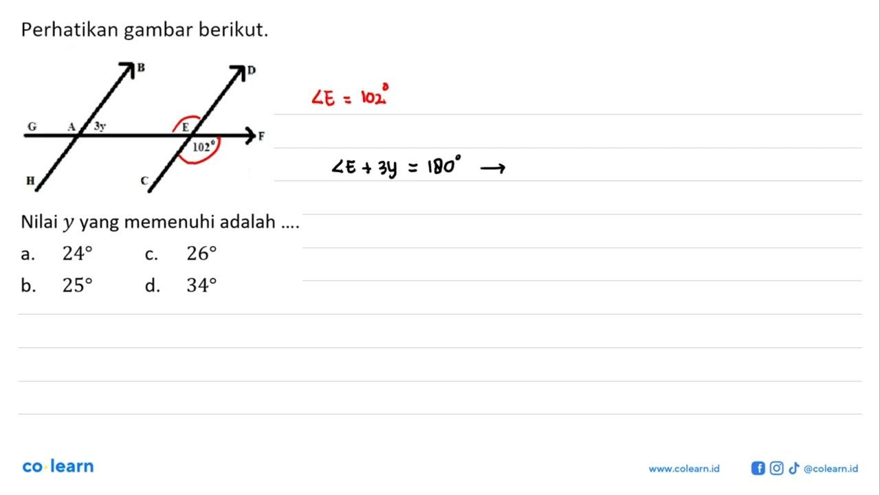 Perhatikan gambar berikut. B D G A 3y E F 102 H CNilai y