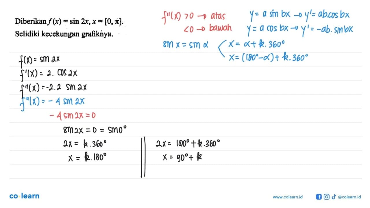 Diberikan f(x)=sin 2x,x=[0, pi] : Selidiki kecekungan