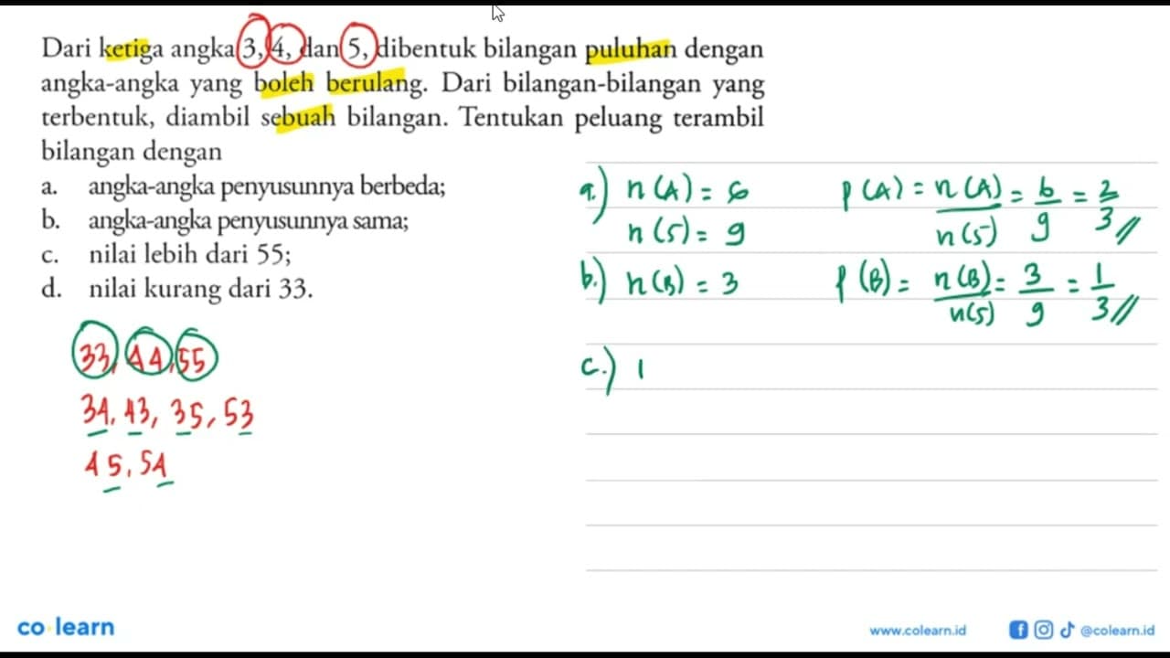 Dari ketiga angka 3, 4, dan 5, dibentuk bilangan puluhan