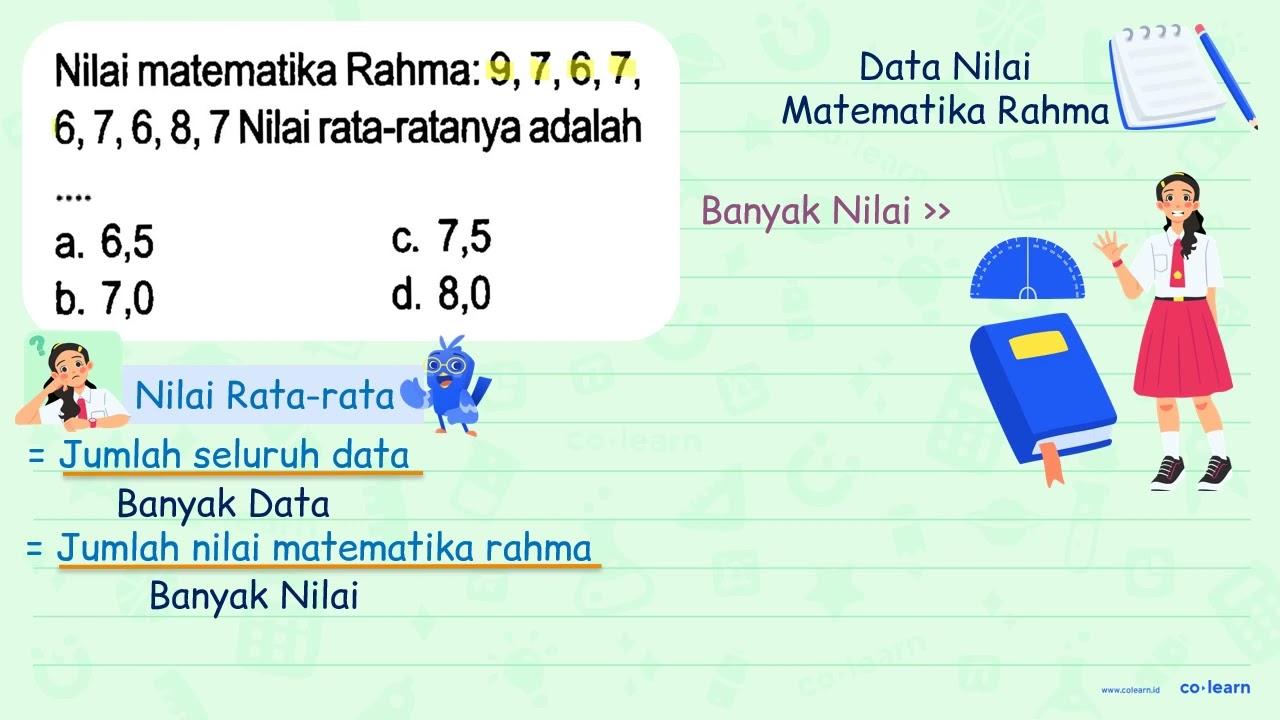 Nilai matematika Rahma: 9,7,6,7 , 6,7,6,8,7 Nilai