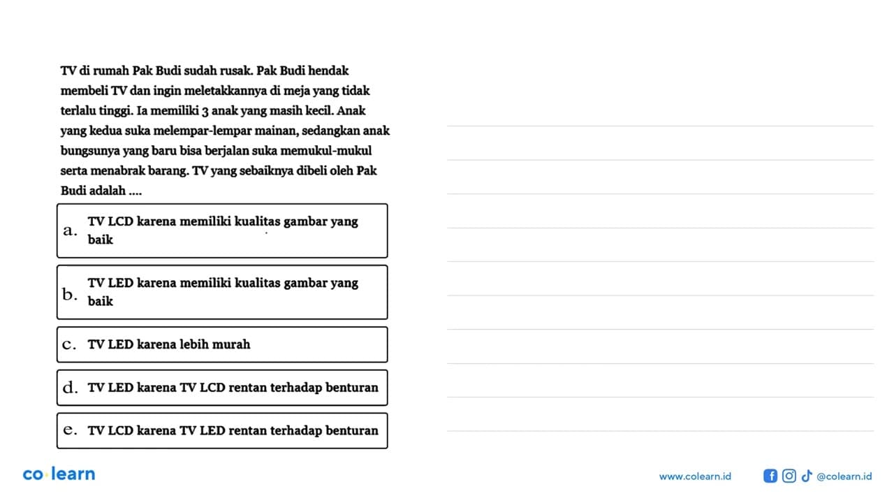 TV di rumah Pak Budi sudah rusak. Pak Budi hendak membeli