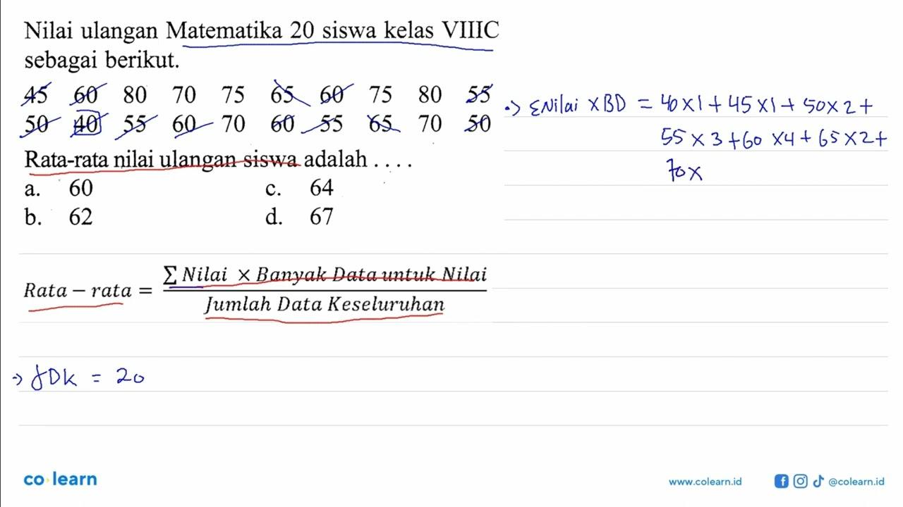 Nilai ulangan Matematika 20 siswa kelas VIIIC sebagai