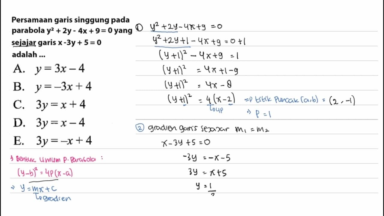 Persamaan garis singgung pada parabola y^2+2y-4x+9=0 yang