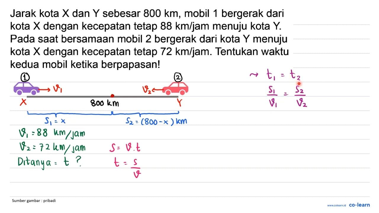 Jarak kota X dan Y sebesar 800 km, mobil 1 bergerak dari