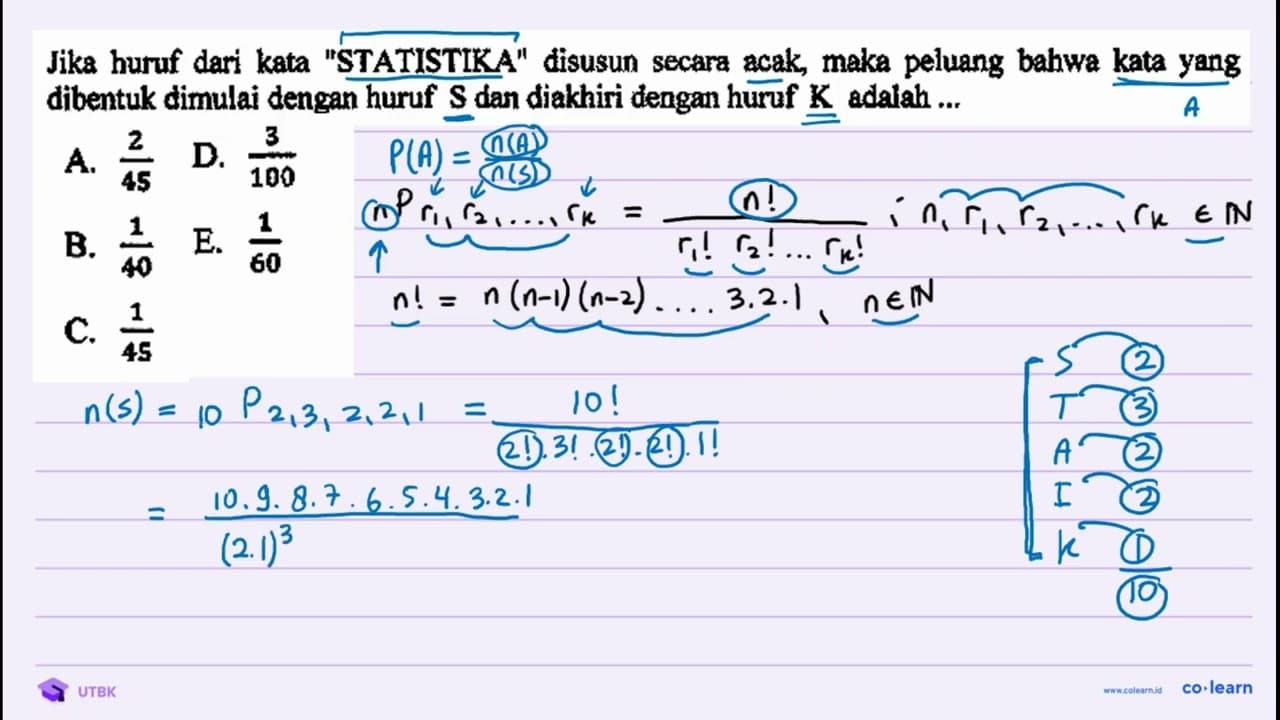 Jika huruf dari kata "STATISTIKA" disusun secara acak, maka