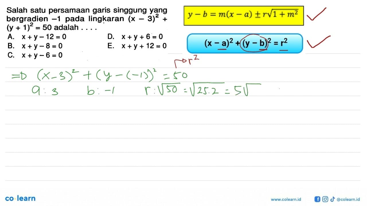 Salah satu persamaan garis singgung yang bergradien -1 pada