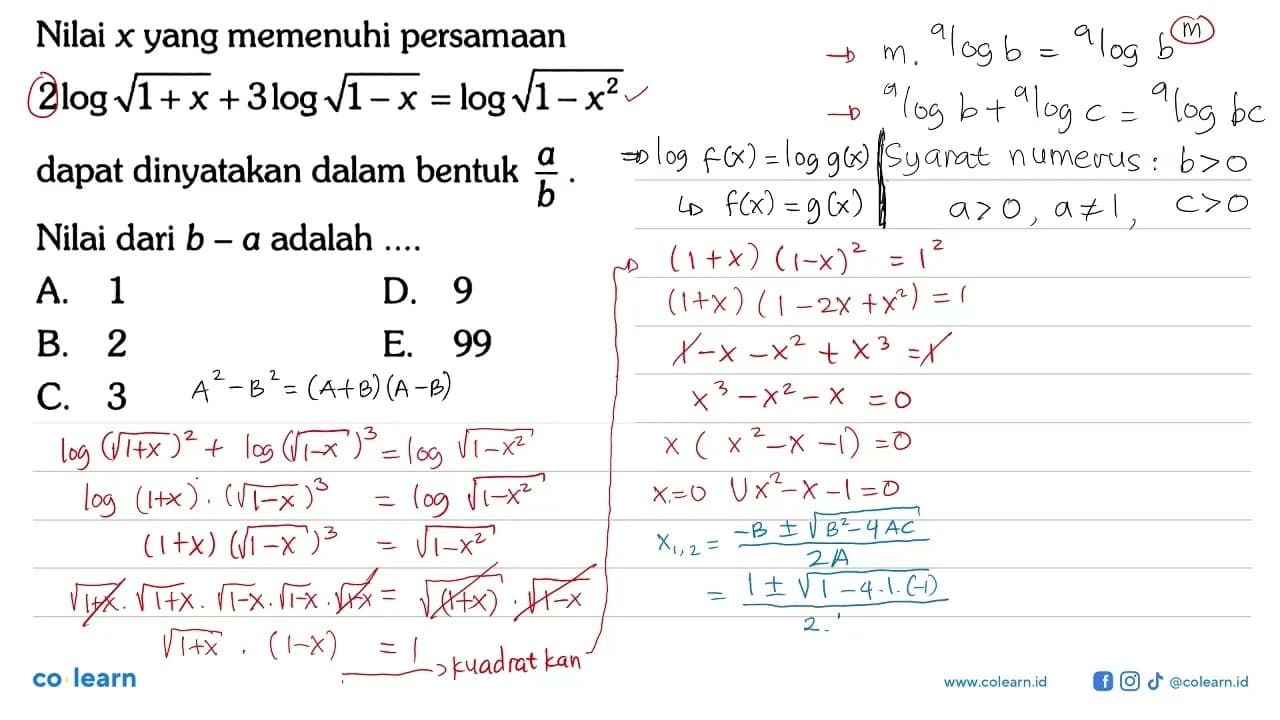 Nilai x yang memenuhi persamaan 2log(akar(1+x)) +