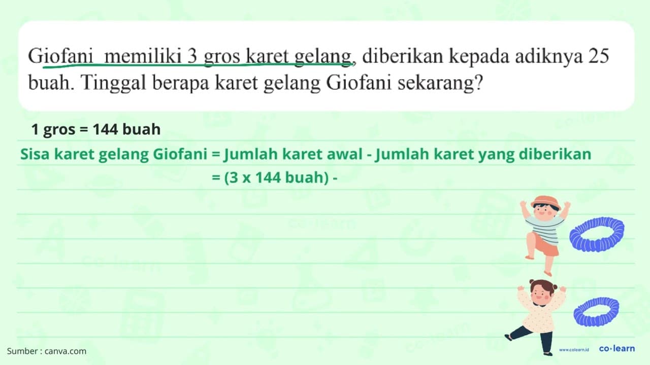 Giofani memiliki 3 gros karet gelang, diberikan kepada