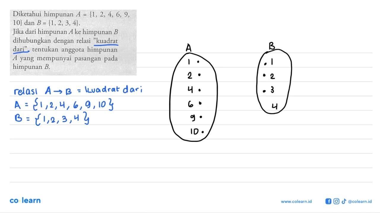 Diketahui himpunan A = {1, 2, 4, 6, 9, 10} dan B = {1,2, 3,