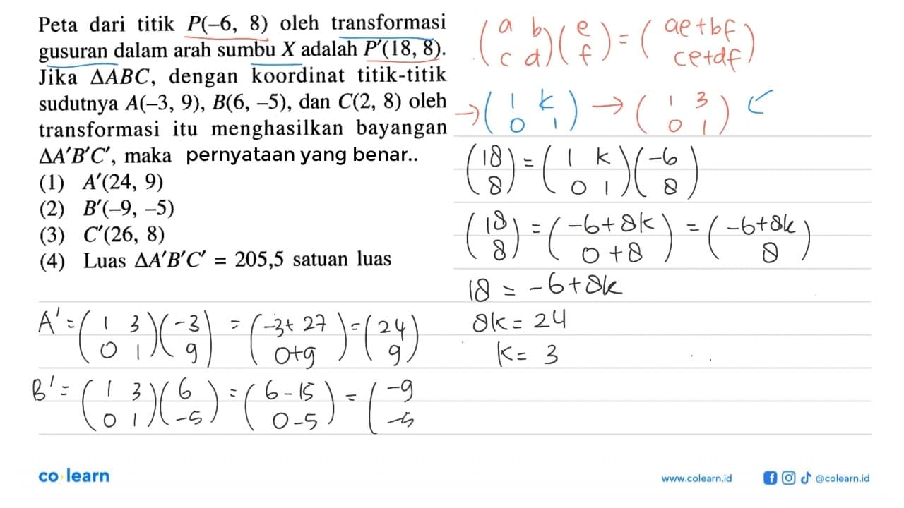 Peta dari titik P(-6, 8) oleh transformasi gusuran dalam