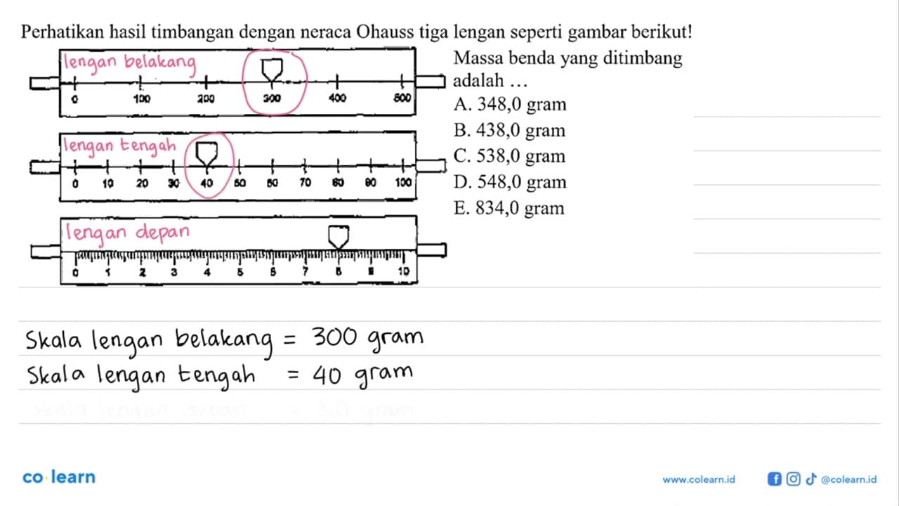 Perhatikan hasil timbangan dengan neraca Ohauss tiga lengan