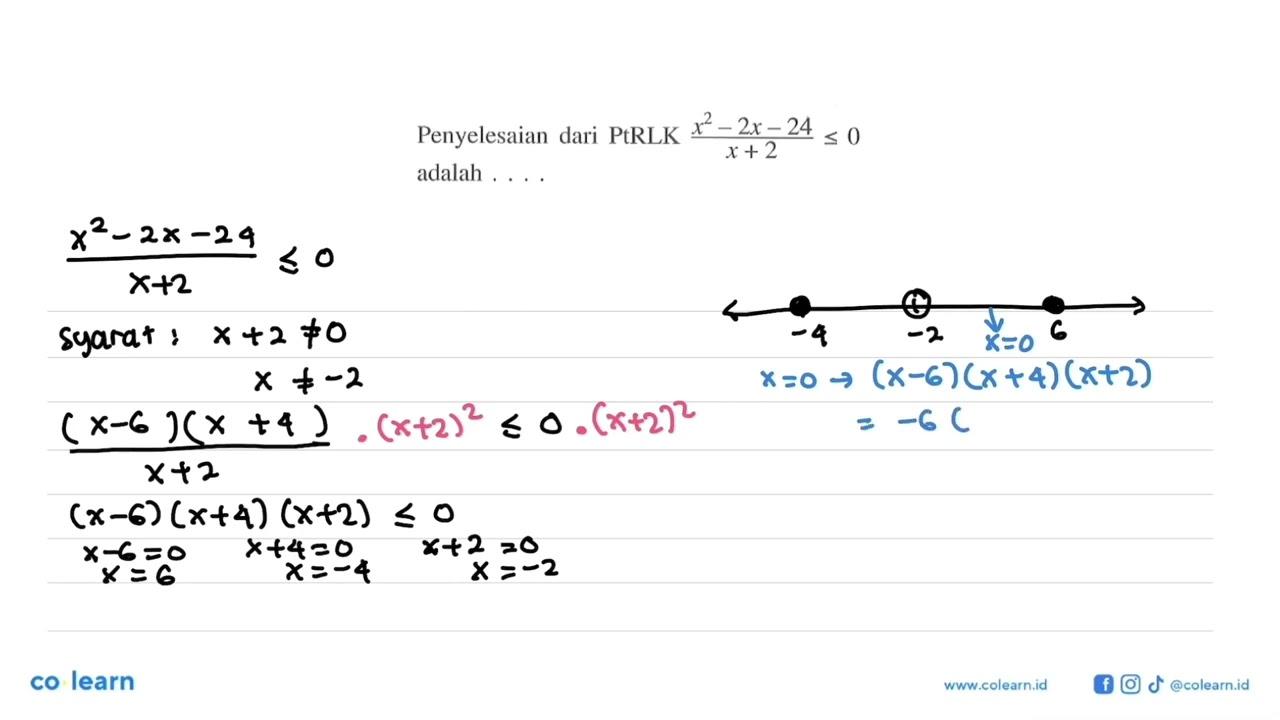 Penyelesaian dari PtRLK x^2-2x-24/x+2 < 0 adalah