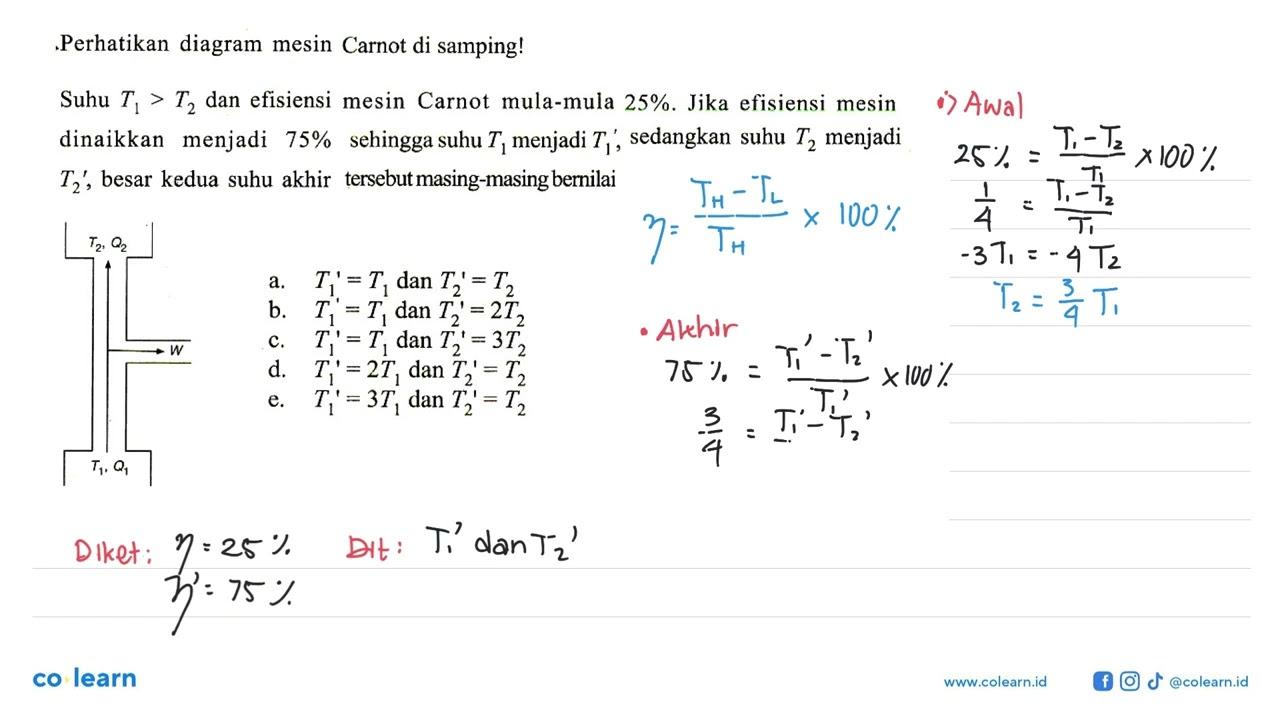 Perhatikan diagram mesin Carnot di samping! Suhu T1>T2 dan