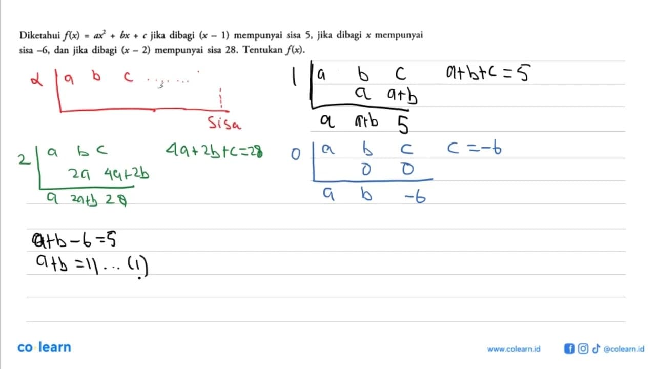 Diketahui f(x)=ax^2+bx+c jika dibagi (x-1) mempunyai sisa