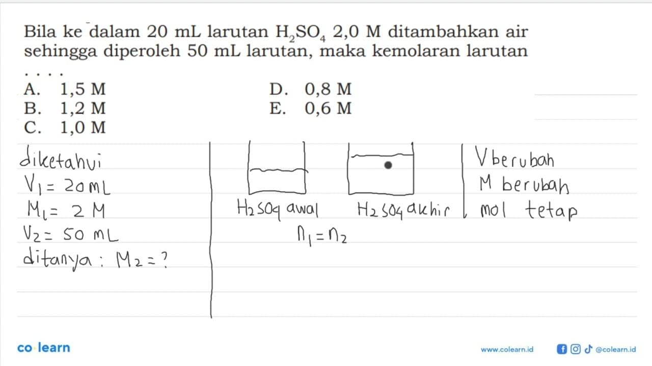 Bila ke dalam 20 mL larutan H2SO4 2,0 M ditambahkan air