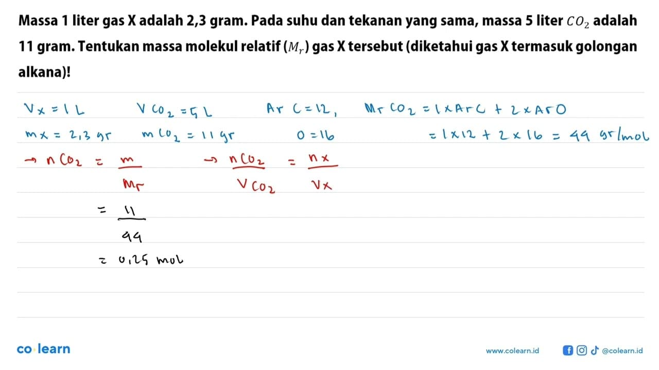 Massa 1 liter gas X adalah 2,3 gram. Pada suhu dan tekanan