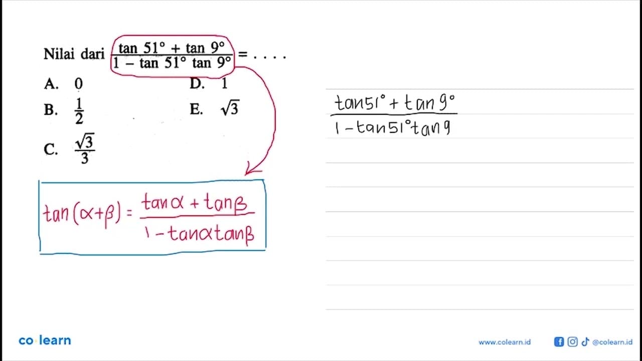 Nilai dari (tan 51+tan 9)/(1-tan 51 tan 9)=...