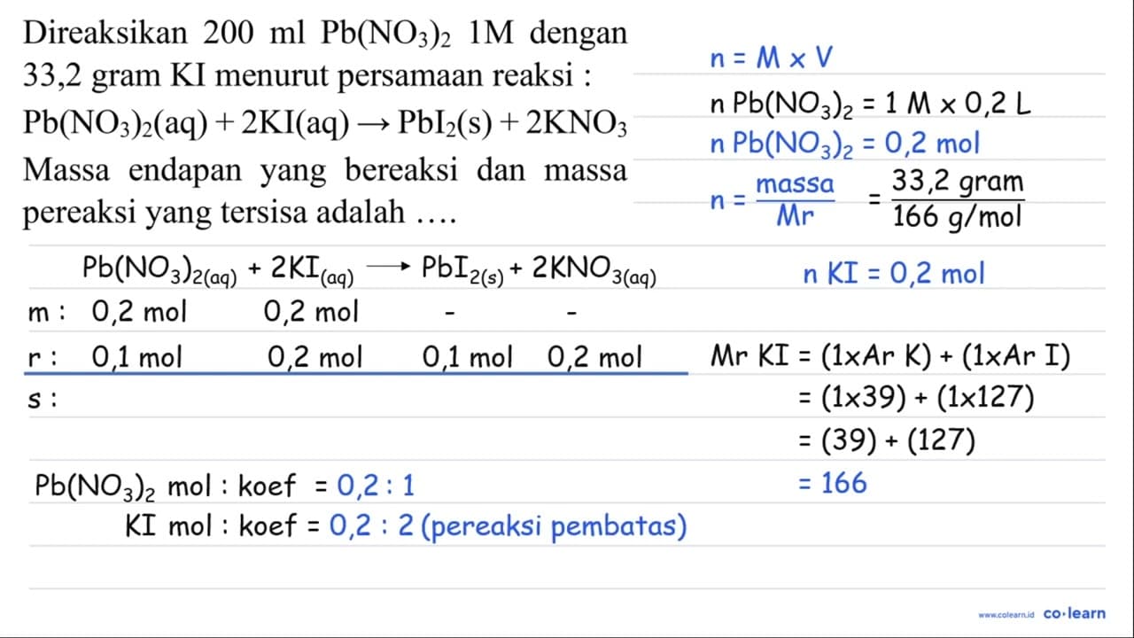 Direaksikan 200 ml Pb(NO_(3))_(2) 1 M dengan 33,2 gram KI