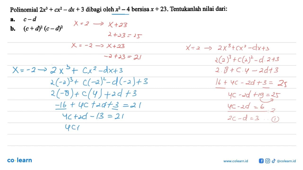 Polinomial 2x^3+cx^2-dx+3 dibagi oleh x^2-4 bersisa x+23.