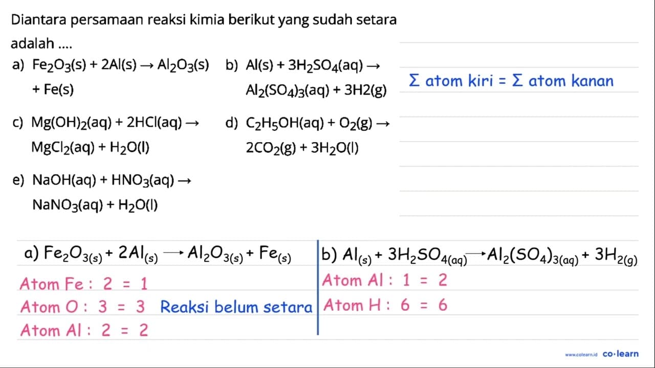 Diantara persamaan reaksi kimia berikut yang sudah setara