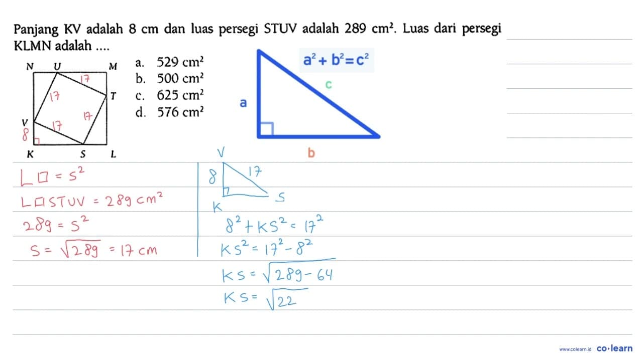 Panjang KV adalah 8 cm dan luas persegi STUV adalah 289