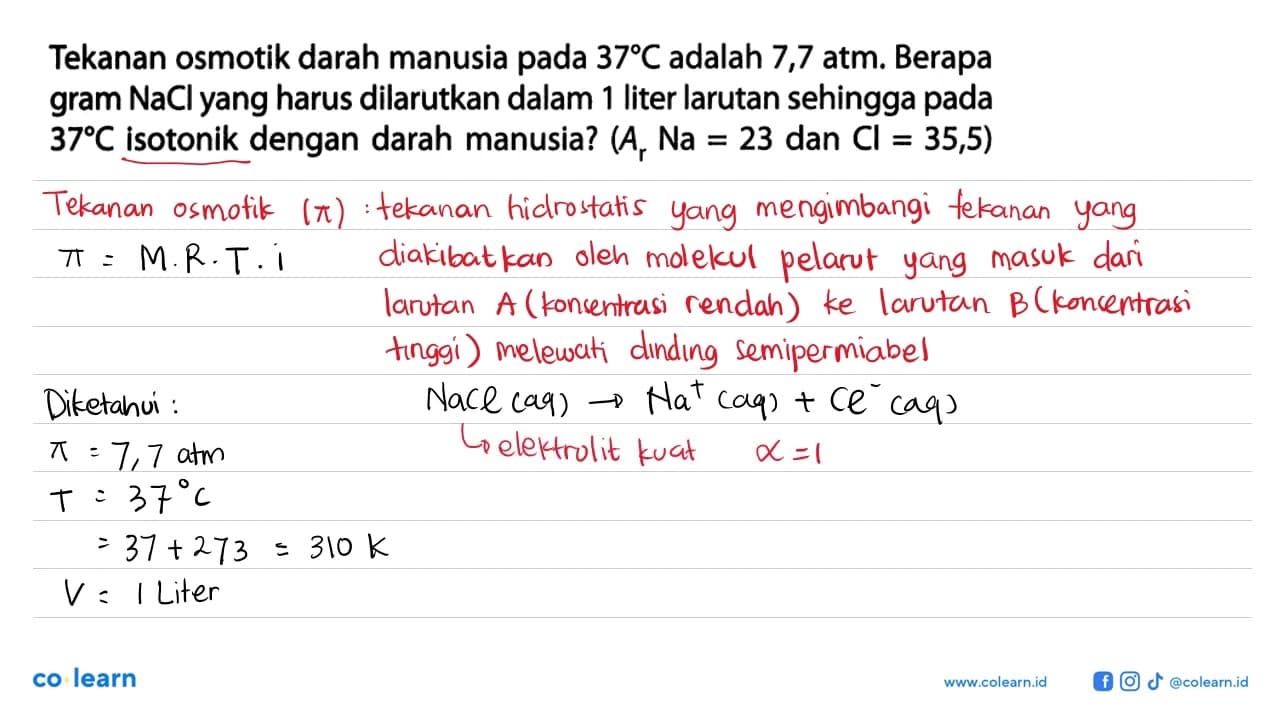 Tekanan osmotik darah manusia pada 37C adalah 7,7 atm.