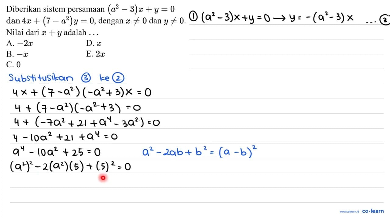 Diberikan sistem persamaan (a^(2)-3) x+y=0 dan 4