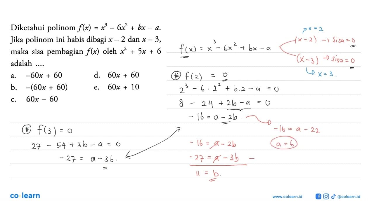 Diketahui polinom f(x)=x^3-6x^2+bx-a. Jika polinom ini