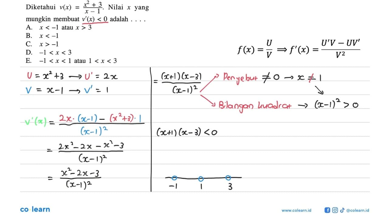 Diketahui v(x)=(x^2+3)/(x-1) . Nilai x yang mungkin membuat